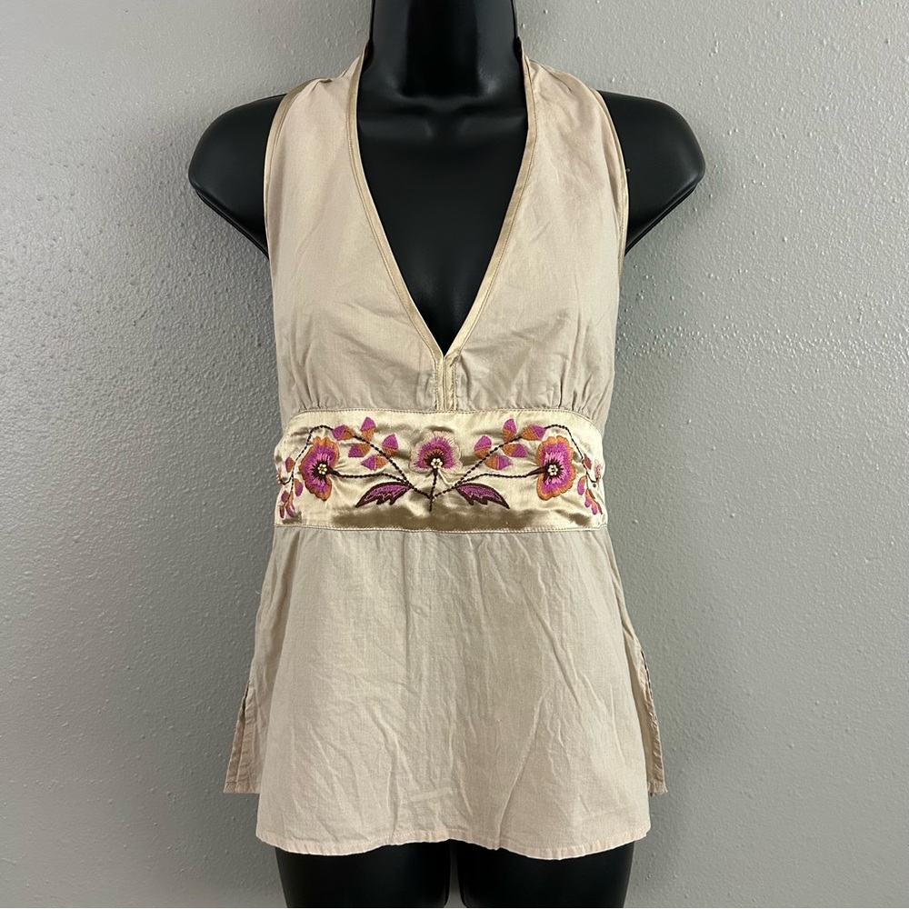 Rampage Cream Embroidered Halter Tank Top with Pink Accents